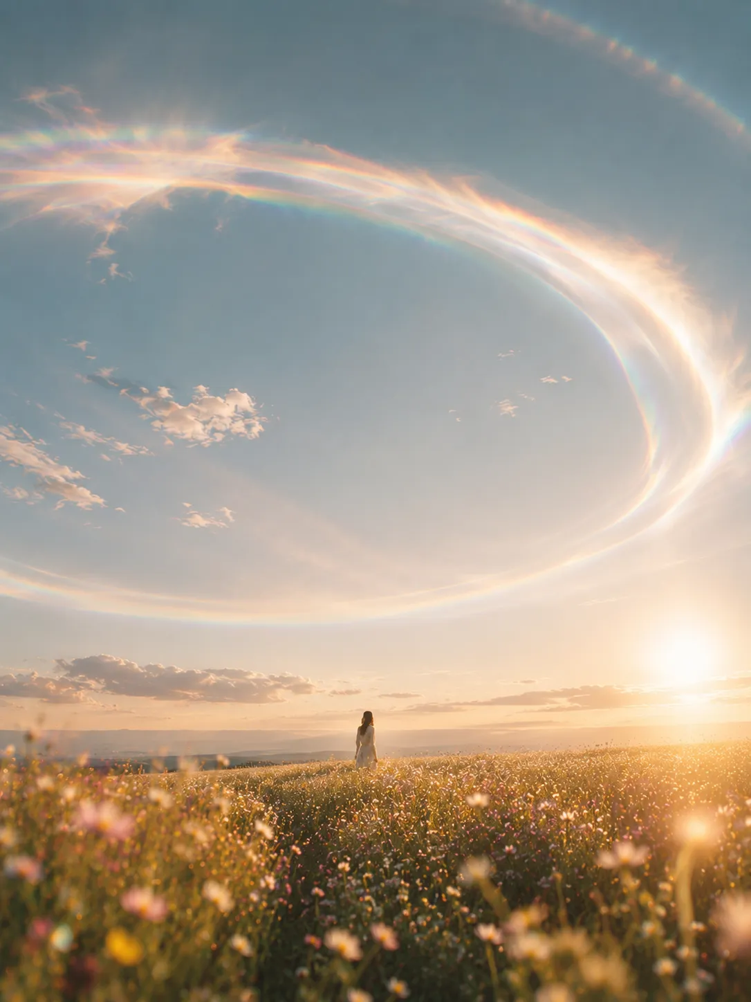 A woman standing in a sunlit wildflower meadow as a wide arc of rainbow light curves across the sky above her.