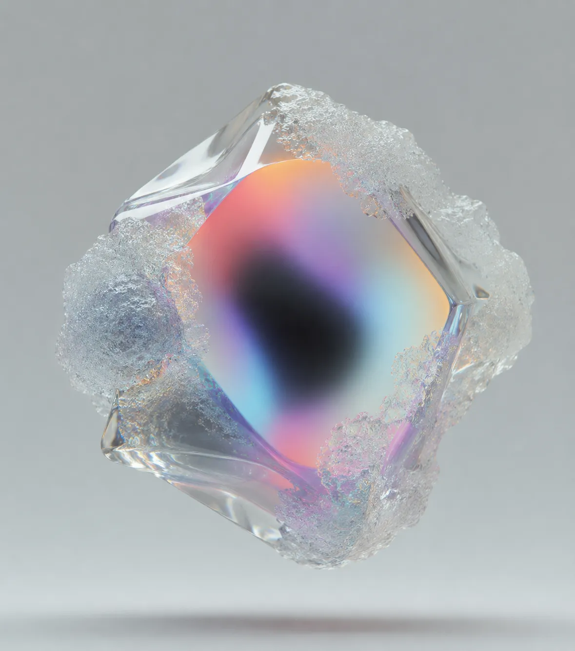 A translucent glass form with an iridescent rainbow core and frosted, crystalline edges, floating against a soft grey background.