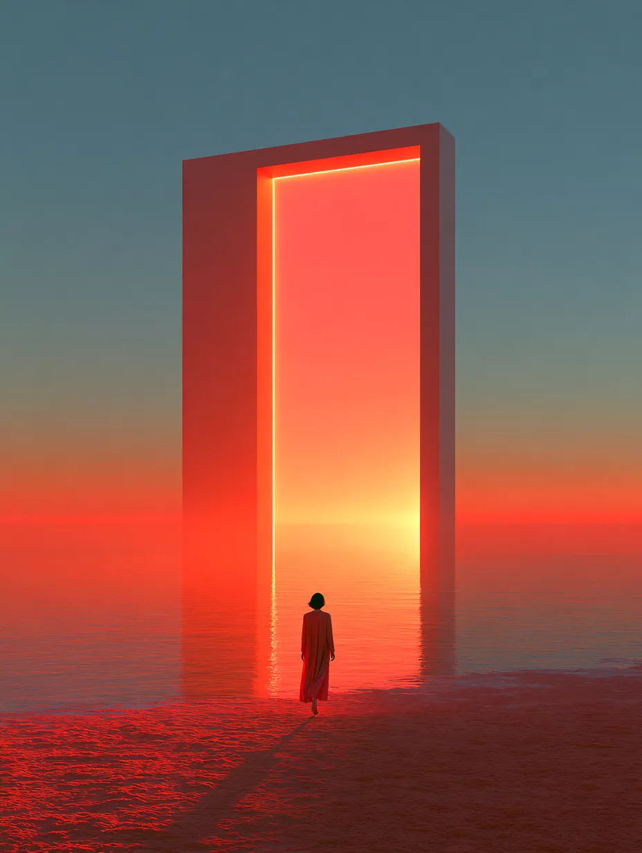 A person walking across a calm shore at dusk toward a towering doorway glowing with warm light on the horizon.