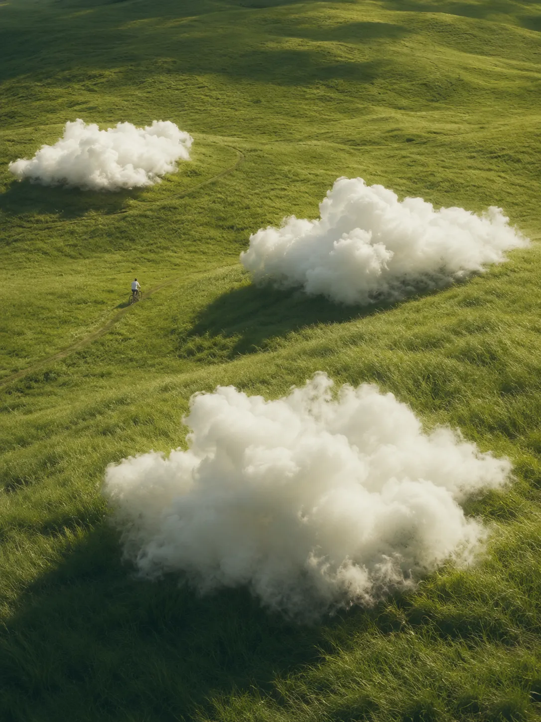 An aerial view of a cyclist riding a path across bright green rolling hills, with several fluffy white clouds resting low on the grass.