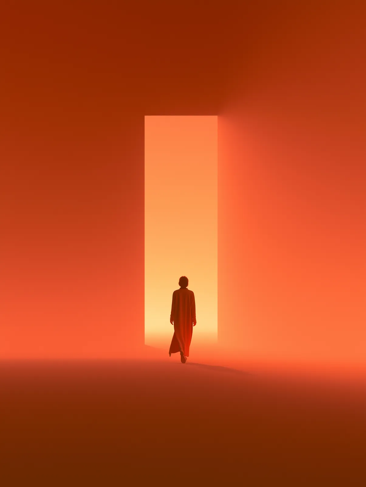 A lone figure walking toward a tall doorway of warm light in a softly glowing orange room.