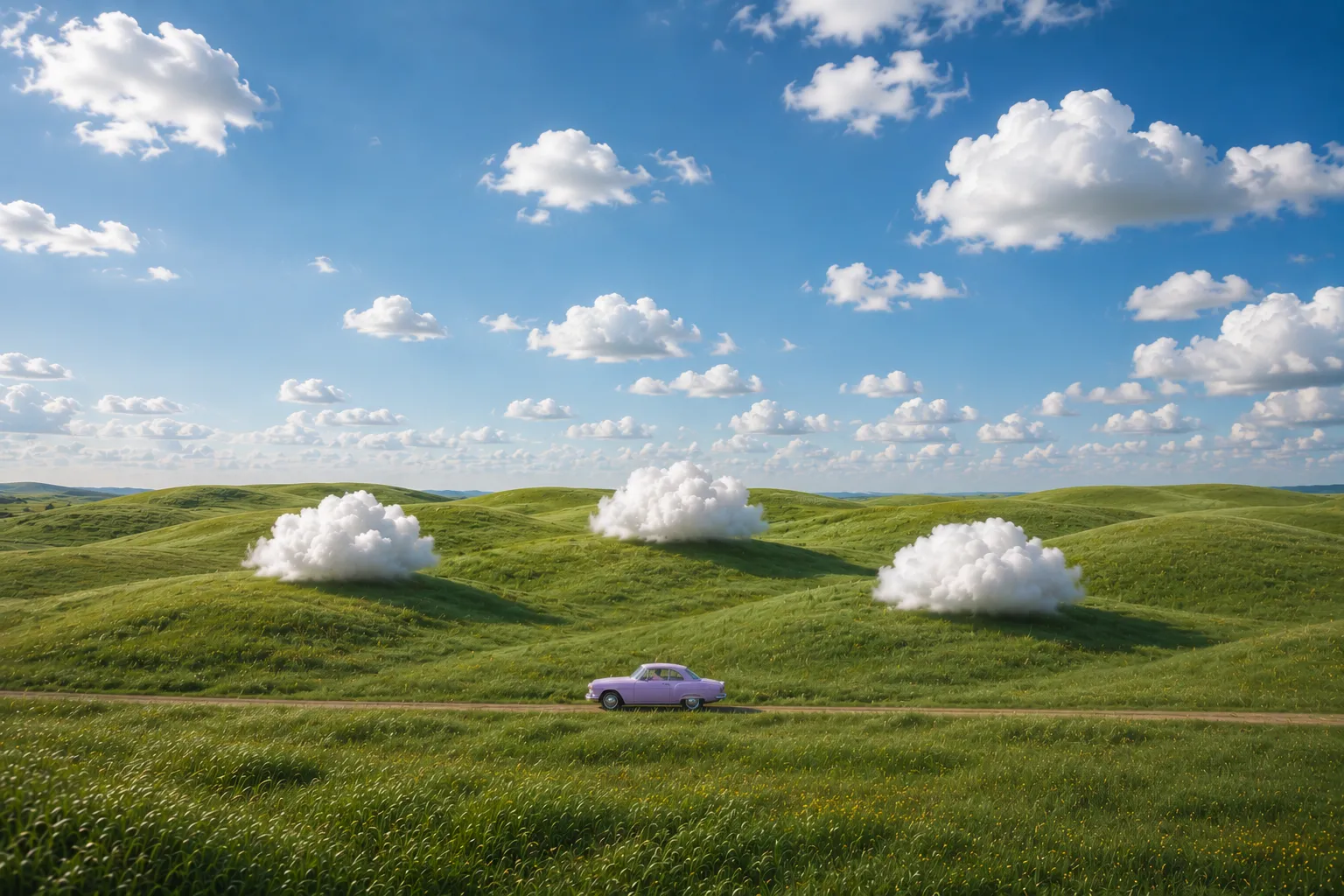 A pale lilac vintage car on a dirt road winding through bright green rolling hills, with soft white clouds resting low over the land.
