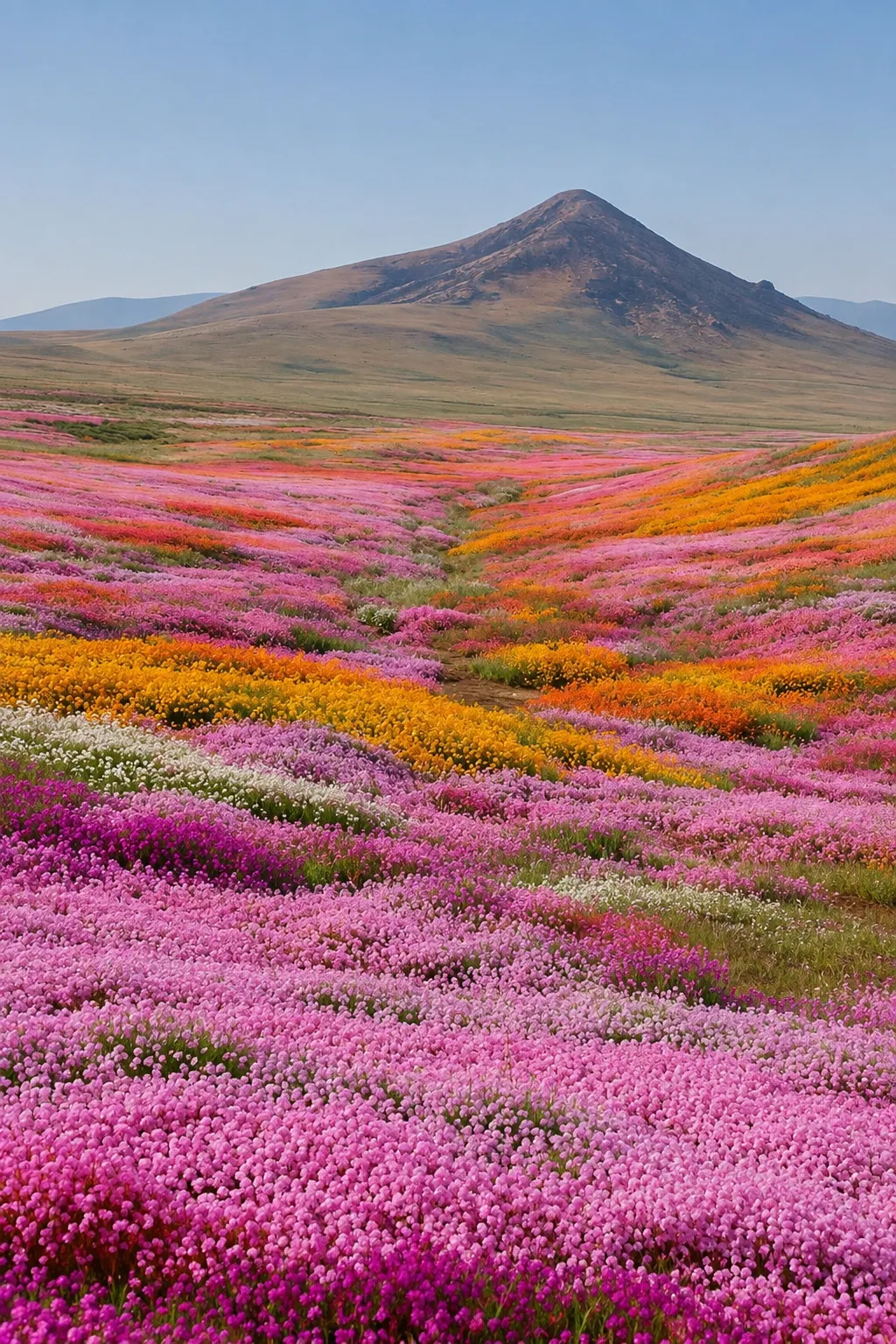 A vast field of pink and orange wildflowers sweeping toward a single mountain peak under a clear sky.