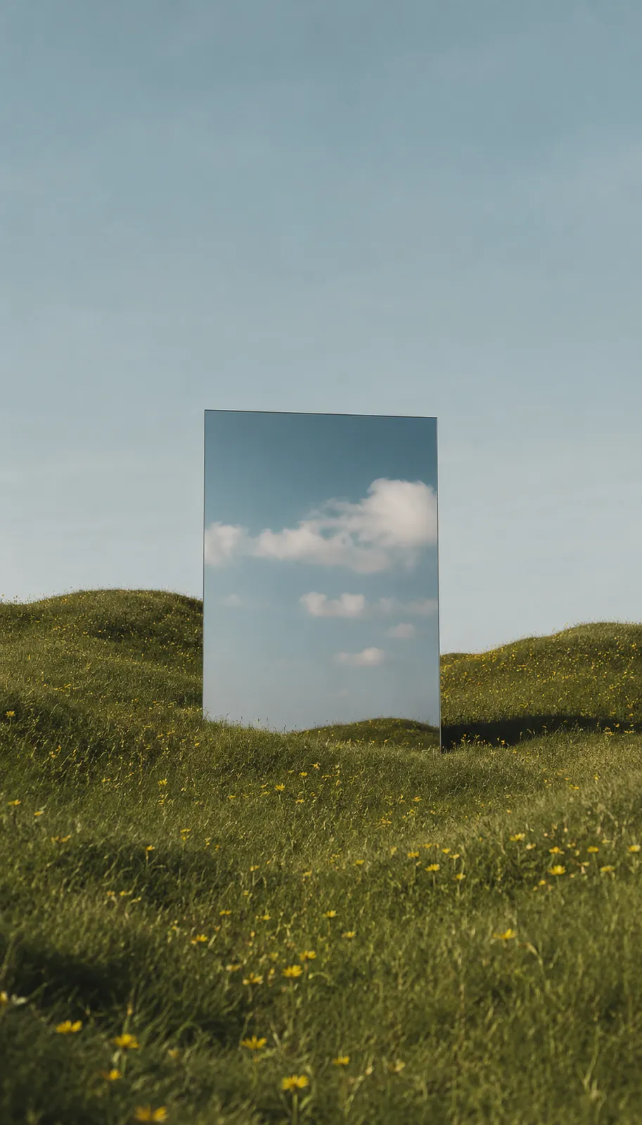 A tall freestanding mirror set in a green wildflower meadow, reflecting the blue sky and clouds behind it.