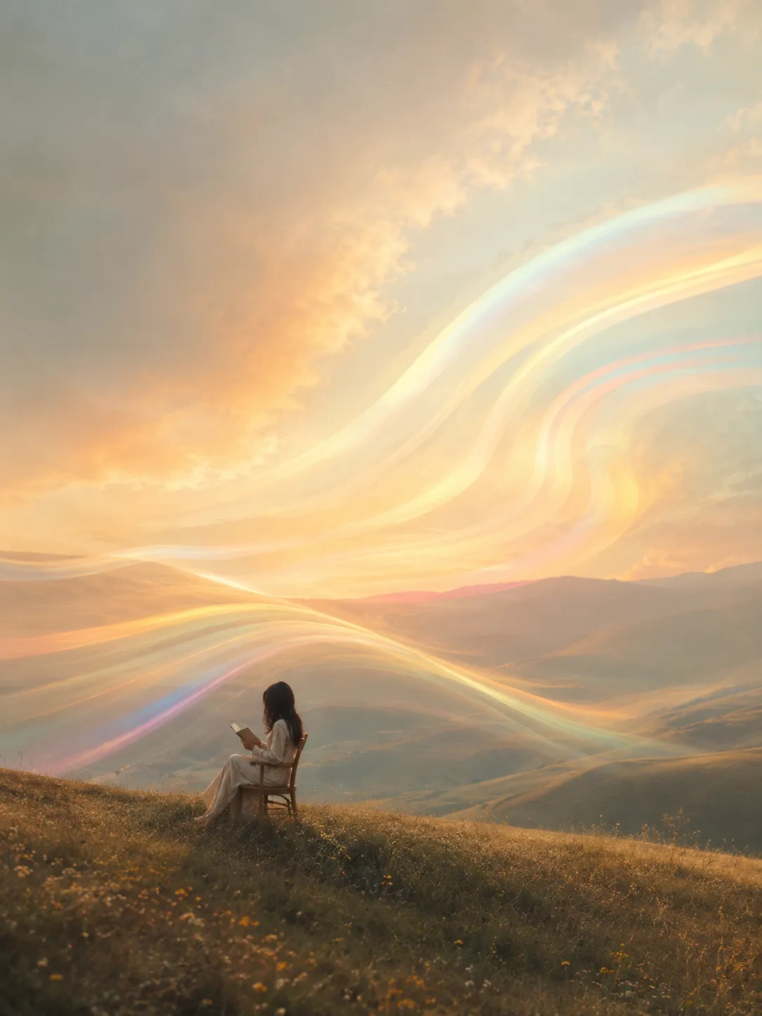 A woman in a cream dress reading in a chair on a golden hilltop, with ribbons of soft rainbow light drifting across the hills behind her.