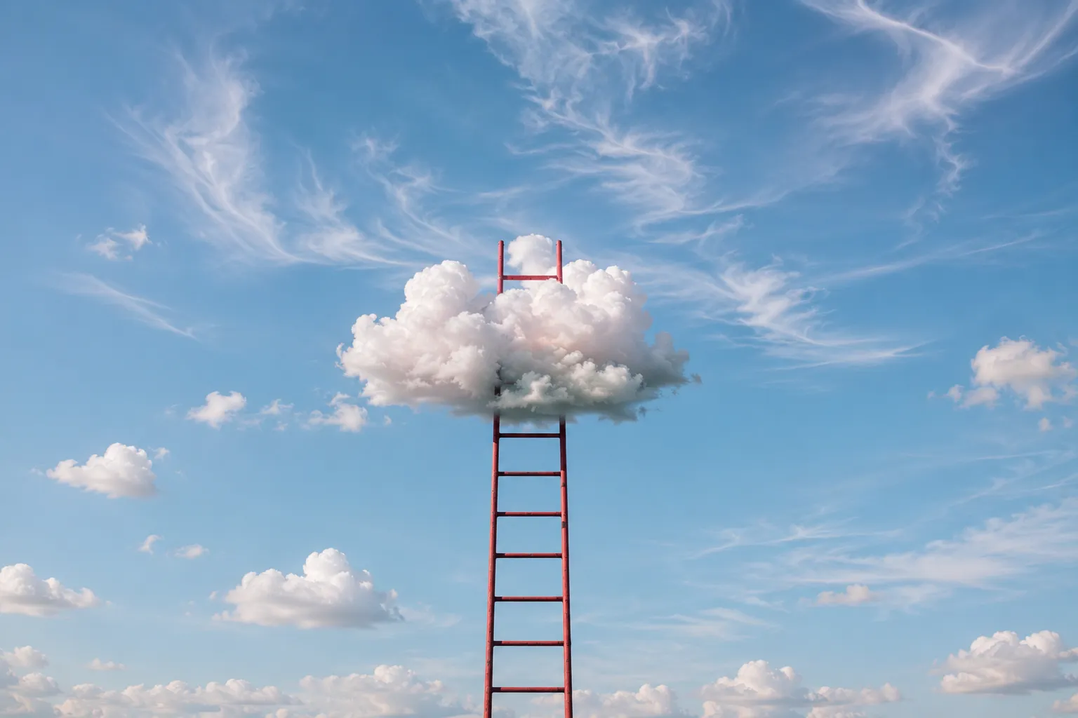A red ladder rising from the ground into a single white cloud in a clear blue sky.