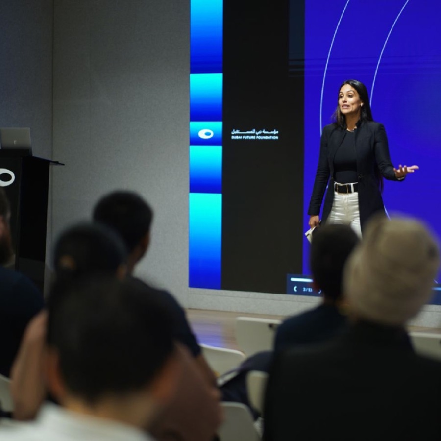 Ivy Forero speaking on stage at the Dubai Future Foundation